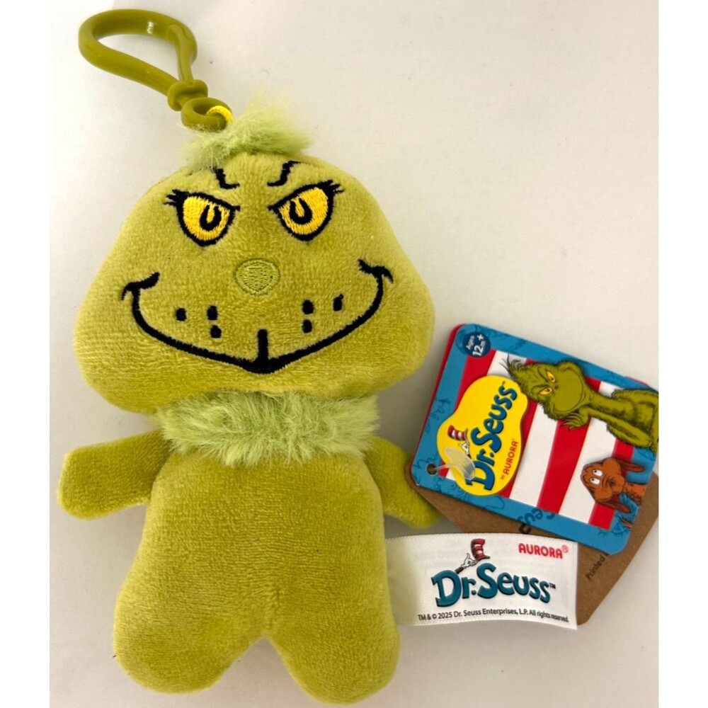 Aurora Dr. Seuss Grinch Clip On Plush Stuffed Toy Keychain Bag Charm‎ 5" NWT